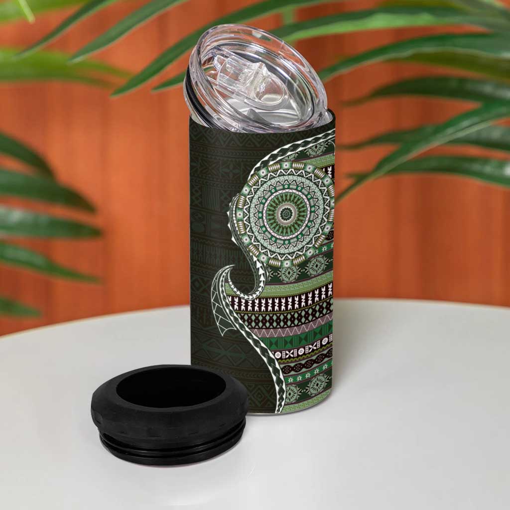 Fijian Masi Tribal Tattoos Art Pattern 4 in 1 Can Cooler Tumbler Green Color Half Style - Polynesian Pride