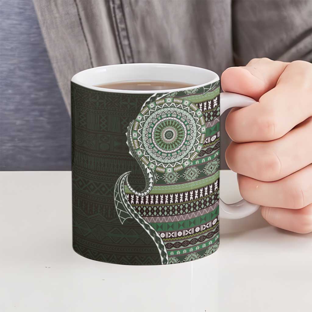 Fijian Masi Tribal Tattoos Art Pattern Ceramic Mug Green Color Half Style - Polynesian Pride