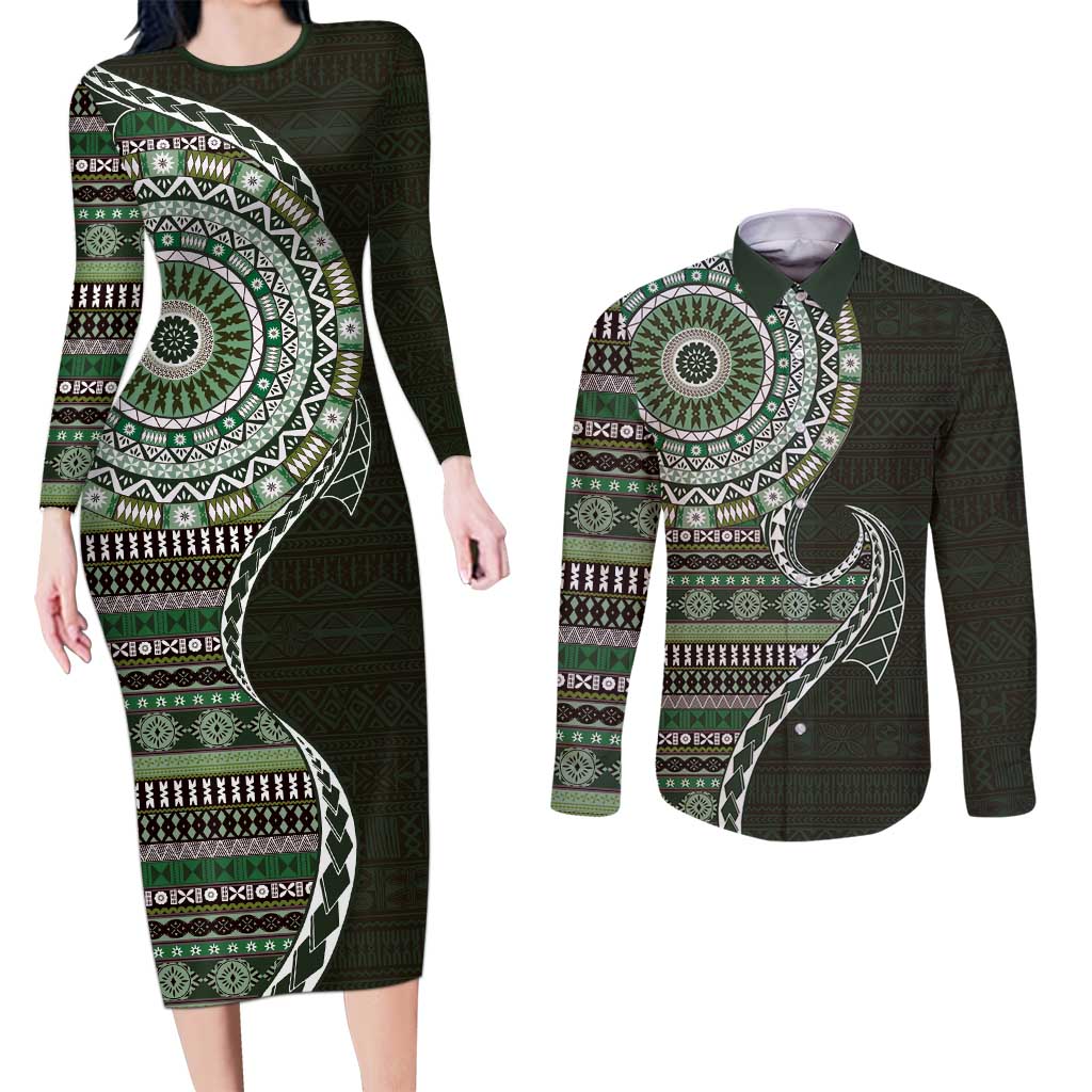 Fijian Masi Tribal Tattoos Art Pattern Couples Matching Long Sleeve Bodycon Dress and Long Sleeve Button Shirt Green Color Half Style - Polynesian Pride