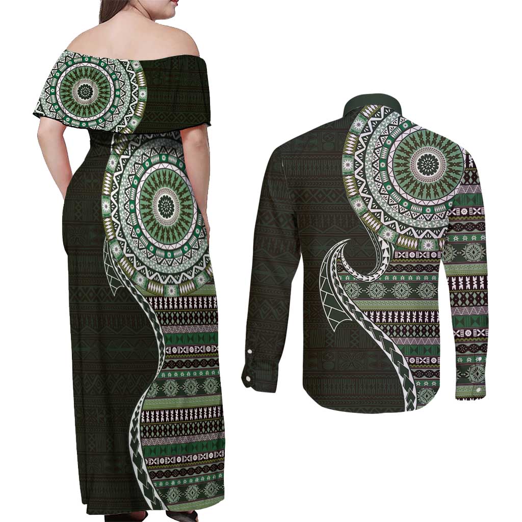 Fijian Masi Tribal Tattoos Art Pattern Couples Matching Off Shoulder Maxi Dress and Long Sleeve Button Shirt Green Color Half Style - Polynesian Pride
