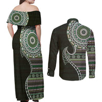 Fijian Masi Tribal Tattoos Art Pattern Couples Matching Off Shoulder Maxi Dress and Long Sleeve Button Shirt Green Color Half Style - Polynesian Pride