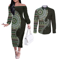Fijian Masi Tribal Tattoos Art Pattern Couples Matching Off The Shoulder Long Sleeve Dress and Long Sleeve Button Shirt Green Color Half Style - Polynesian Pride