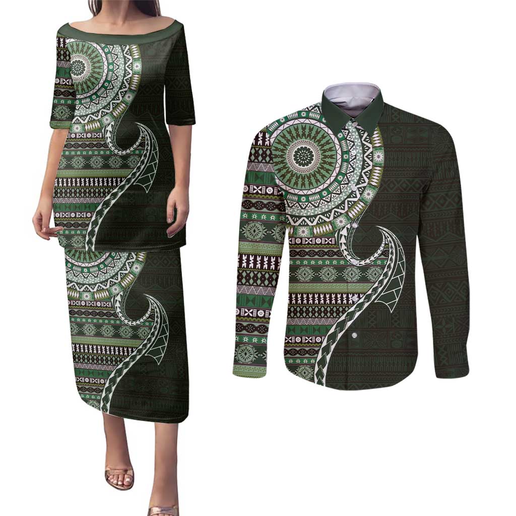 Fijian Masi Tribal Tattoos Art Pattern Couples Matching Puletasi and Long Sleeve Button Shirt Green Color Half Style - Polynesian Pride