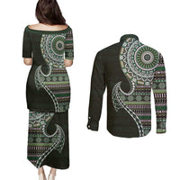 Fijian Masi Tribal Tattoos Art Pattern Couples Matching Puletasi and Long Sleeve Button Shirt Green Color Half Style - Polynesian Pride