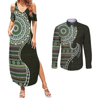 Fijian Masi Tribal Tattoos Art Pattern Couples Matching Summer Maxi Dress and Long Sleeve Button Shirt Green Color Half Style - Polynesian Pride