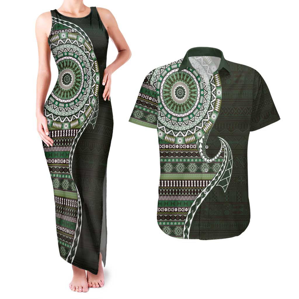 Fijian Masi Tribal Tattoos Art Pattern Couples Matching Tank Maxi Dress and Hawaiian Shirt Green Color Half Style - Polynesian Pride