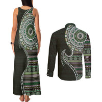 Fijian Masi Tribal Tattoos Art Pattern Couples Matching Tank Maxi Dress and Long Sleeve Button Shirt Green Color Half Style - Polynesian Pride