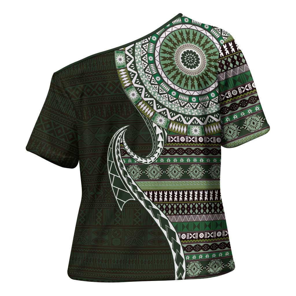 Fijian Masi Tribal Tattoos Art Pattern Cross Shoulder Shirt Green Color Half Style - Polynesian Pride