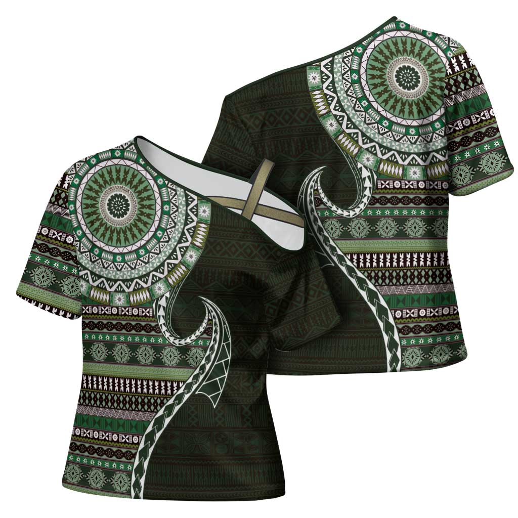 Fijian Masi Tribal Tattoos Art Pattern Cross Shoulder Shirt Green Color Half Style - Polynesian Pride