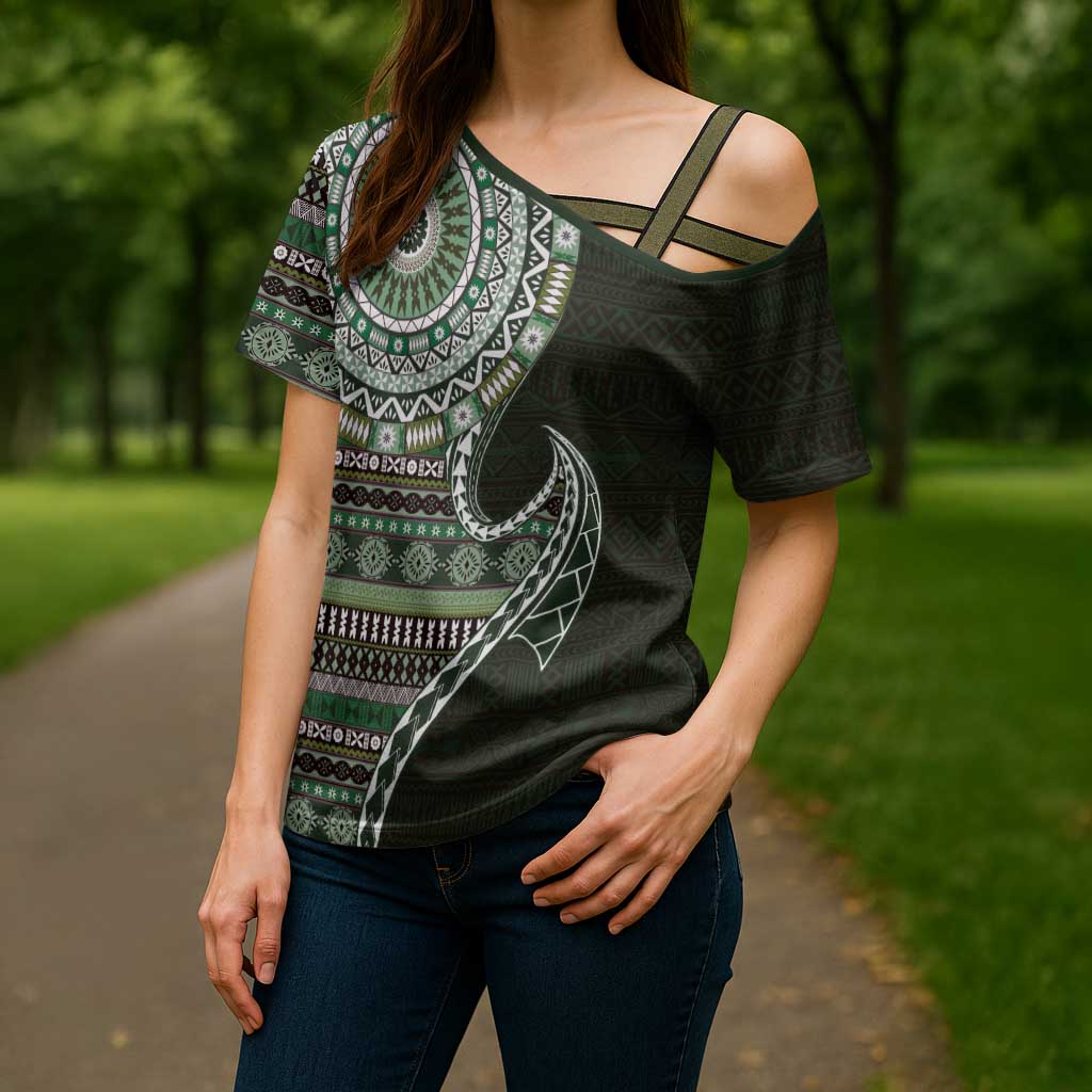 Fijian Masi Tribal Tattoos Art Pattern Cross Shoulder Shirt Green Color Half Style - Polynesian Pride