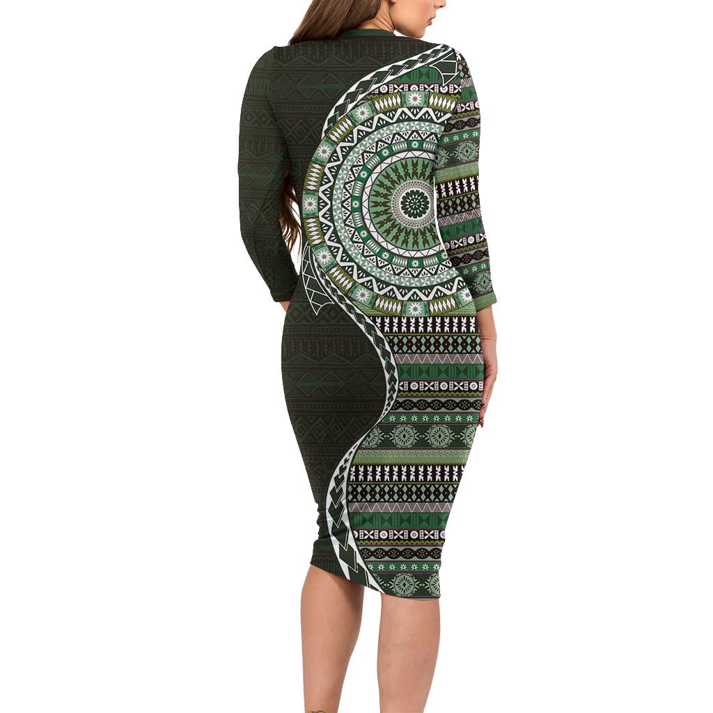 Fijian Masi Tribal Tattoos Art Pattern Family Matching Long Sleeve Bodycon Dress and Hawaiian Shirt Green Color Half Style - Polynesian Pride