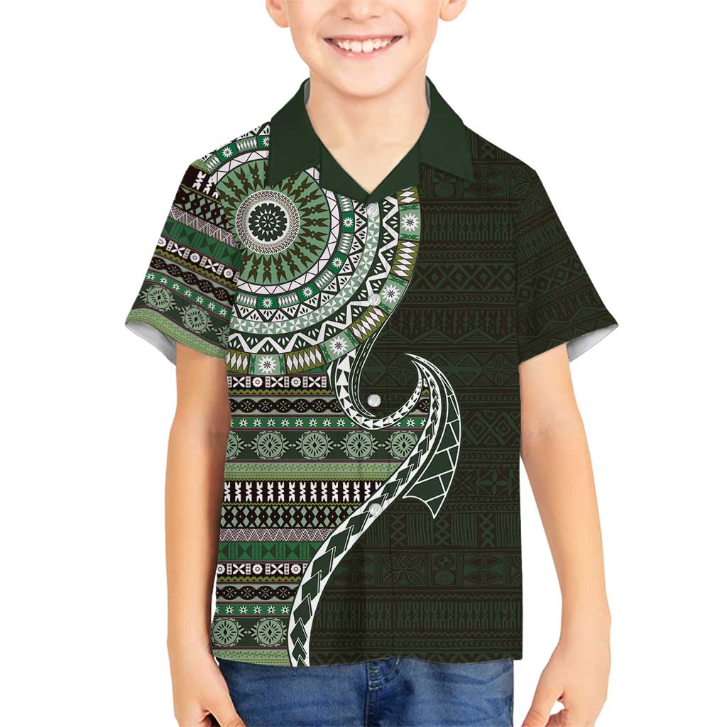 Fijian Masi Tribal Tattoos Art Pattern Family Matching Long Sleeve Bodycon Dress and Hawaiian Shirt Green Color Half Style - Polynesian Pride