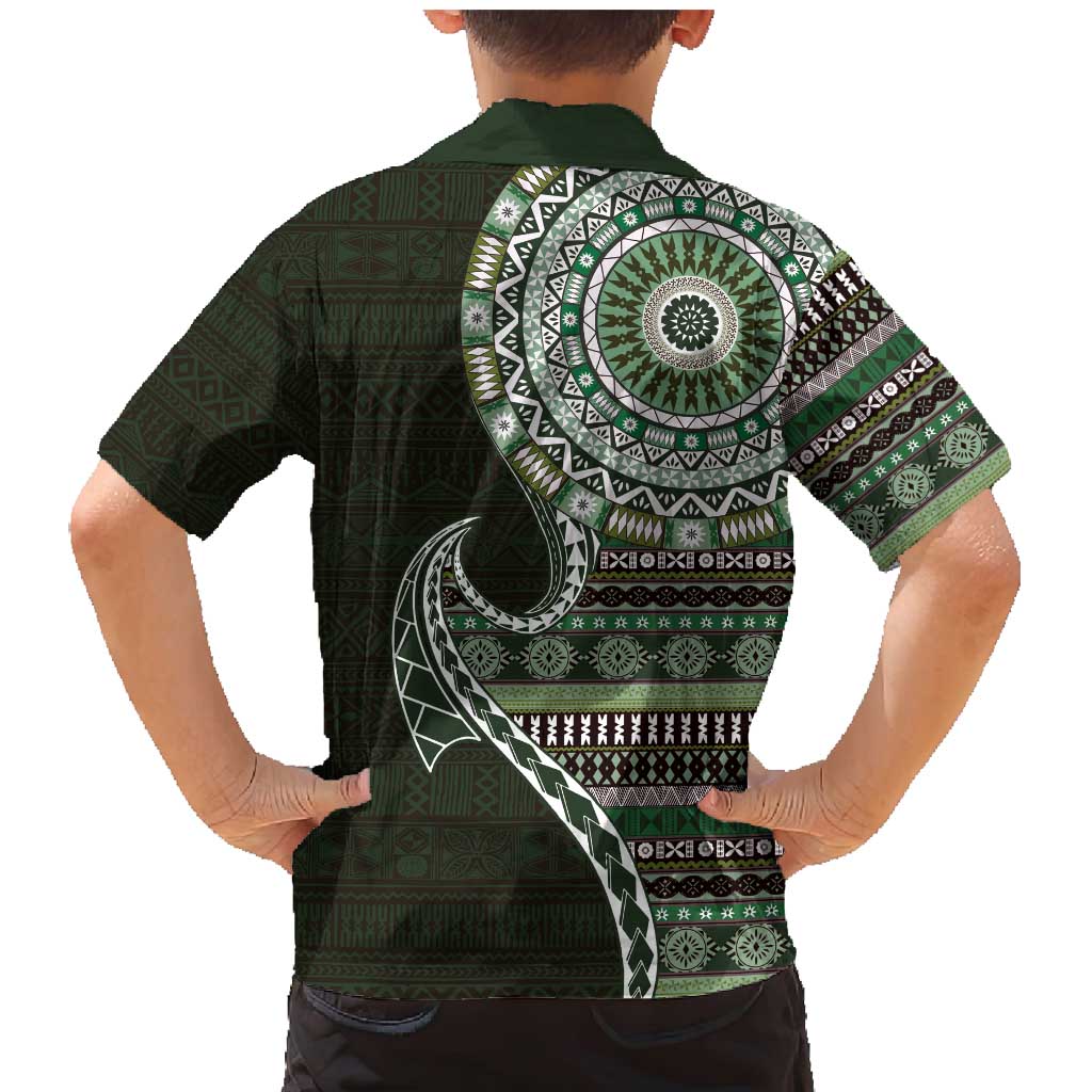 Fijian Masi Tribal Tattoos Art Pattern Family Matching Mermaid Dress and Hawaiian Shirt Green Color Half Style - Polynesian Pride