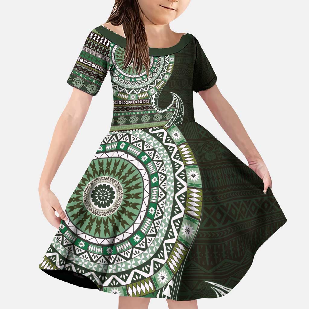 Fijian Masi Tribal Tattoos Art Pattern Family Matching Mermaid Dress and Hawaiian Shirt Green Color Half Style - Polynesian Pride