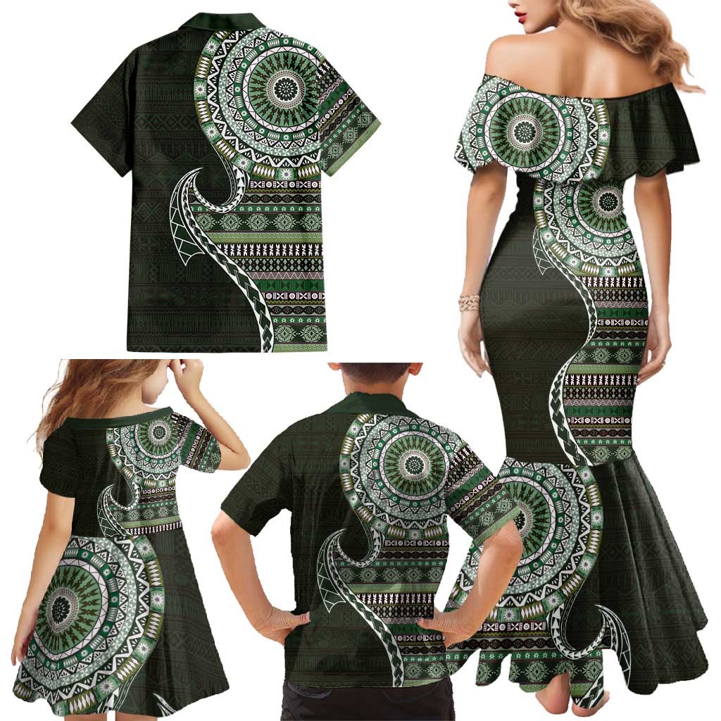 Fijian Masi Tribal Tattoos Art Pattern Family Matching Mermaid Dress and Hawaiian Shirt Green Color Half Style - Polynesian Pride