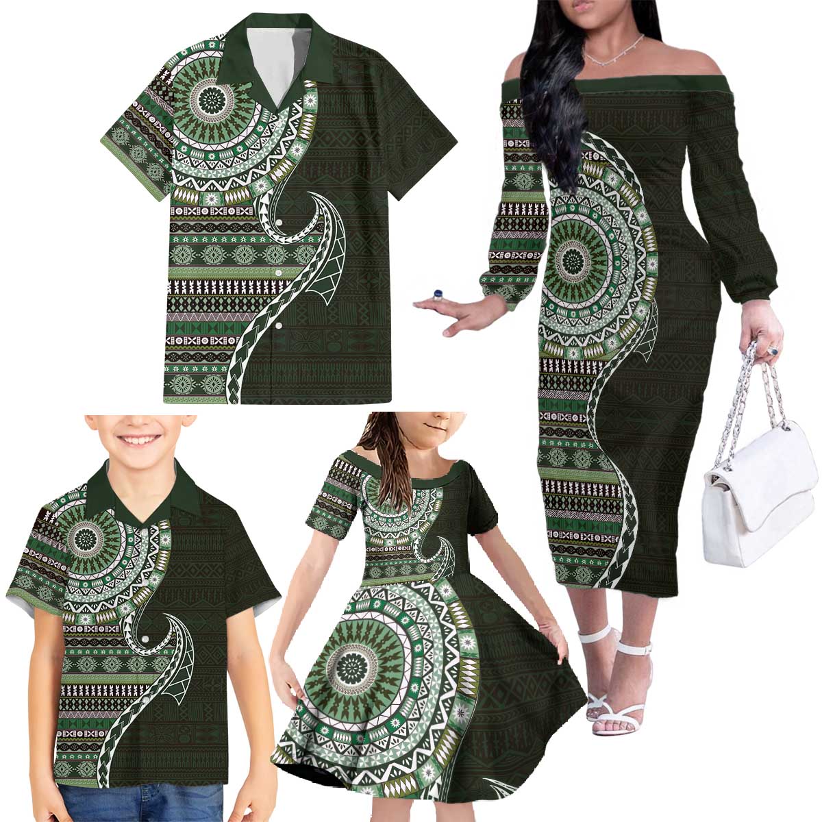 Fijian Masi Tribal Tattoos Art Pattern Family Matching Off The Shoulder Long Sleeve Dress and Hawaiian Shirt Green Color Half Style - Polynesian Pride