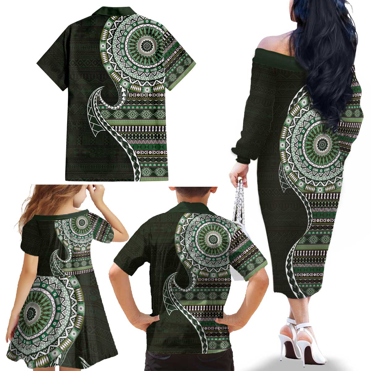 Fijian Masi Tribal Tattoos Art Pattern Family Matching Off The Shoulder Long Sleeve Dress and Hawaiian Shirt Green Color Half Style - Polynesian Pride