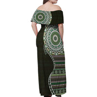 Fijian Masi Tribal Tattoos Art Pattern Family Matching Off Shoulder Maxi Dress and Hawaiian Shirt Green Color Half Style - Polynesian Pride