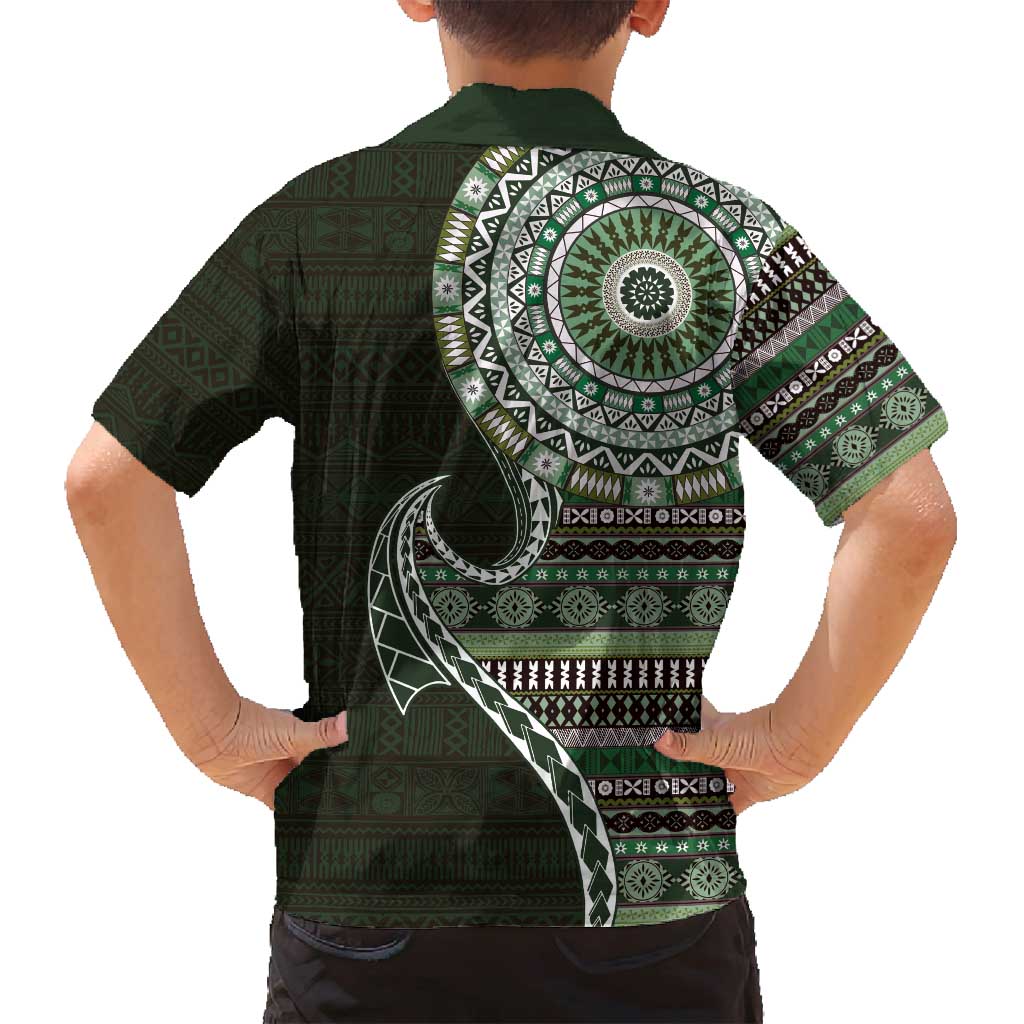 Fijian Masi Tribal Tattoos Art Pattern Family Matching Off Shoulder Short Dress and Hawaiian Shirt Green Color Half Style - Polynesian Pride