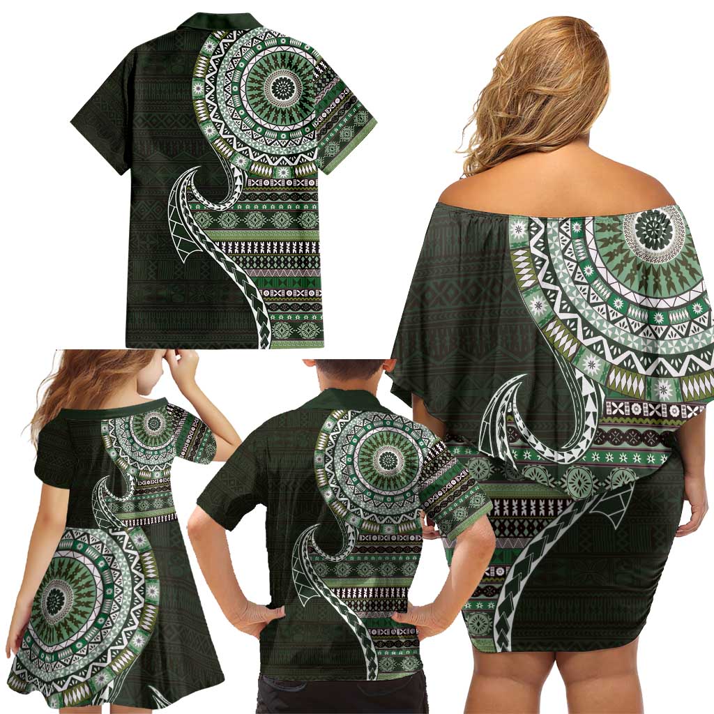 Fijian Masi Tribal Tattoos Art Pattern Family Matching Off Shoulder Short Dress and Hawaiian Shirt Green Color Half Style - Polynesian Pride