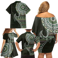 Fijian Masi Tribal Tattoos Art Pattern Family Matching Off Shoulder Short Dress and Hawaiian Shirt Green Color Half Style - Polynesian Pride