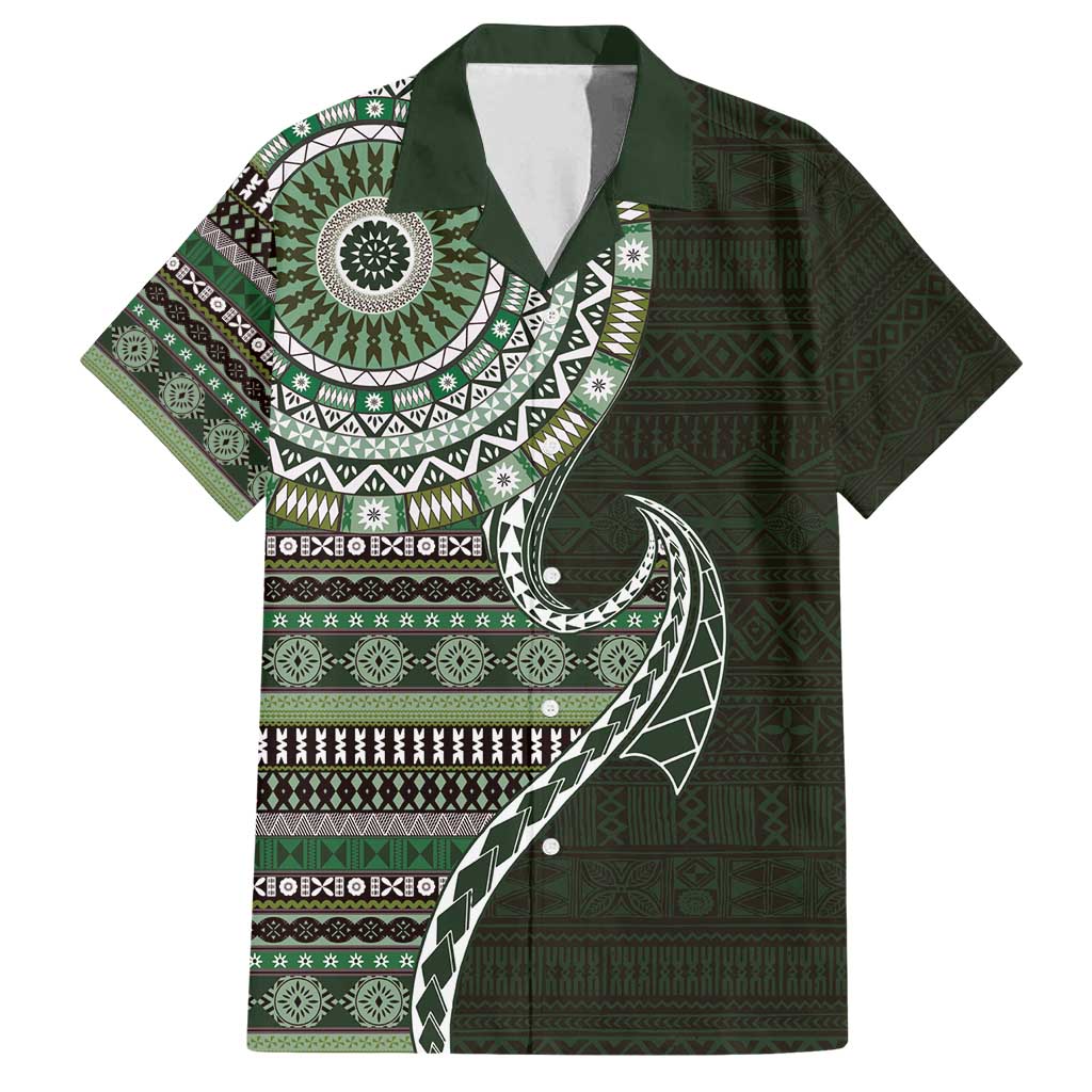 Fijian Masi Tribal Tattoos Art Pattern Family Matching Off Shoulder Short Dress and Hawaiian Shirt Green Color Half Style - Polynesian Pride