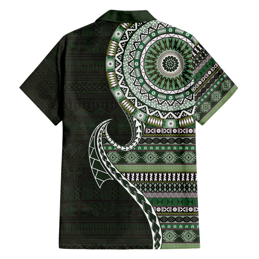 Fijian Masi Tribal Tattoos Art Pattern Family Matching Off Shoulder Short Dress and Hawaiian Shirt Green Color Half Style - Polynesian Pride