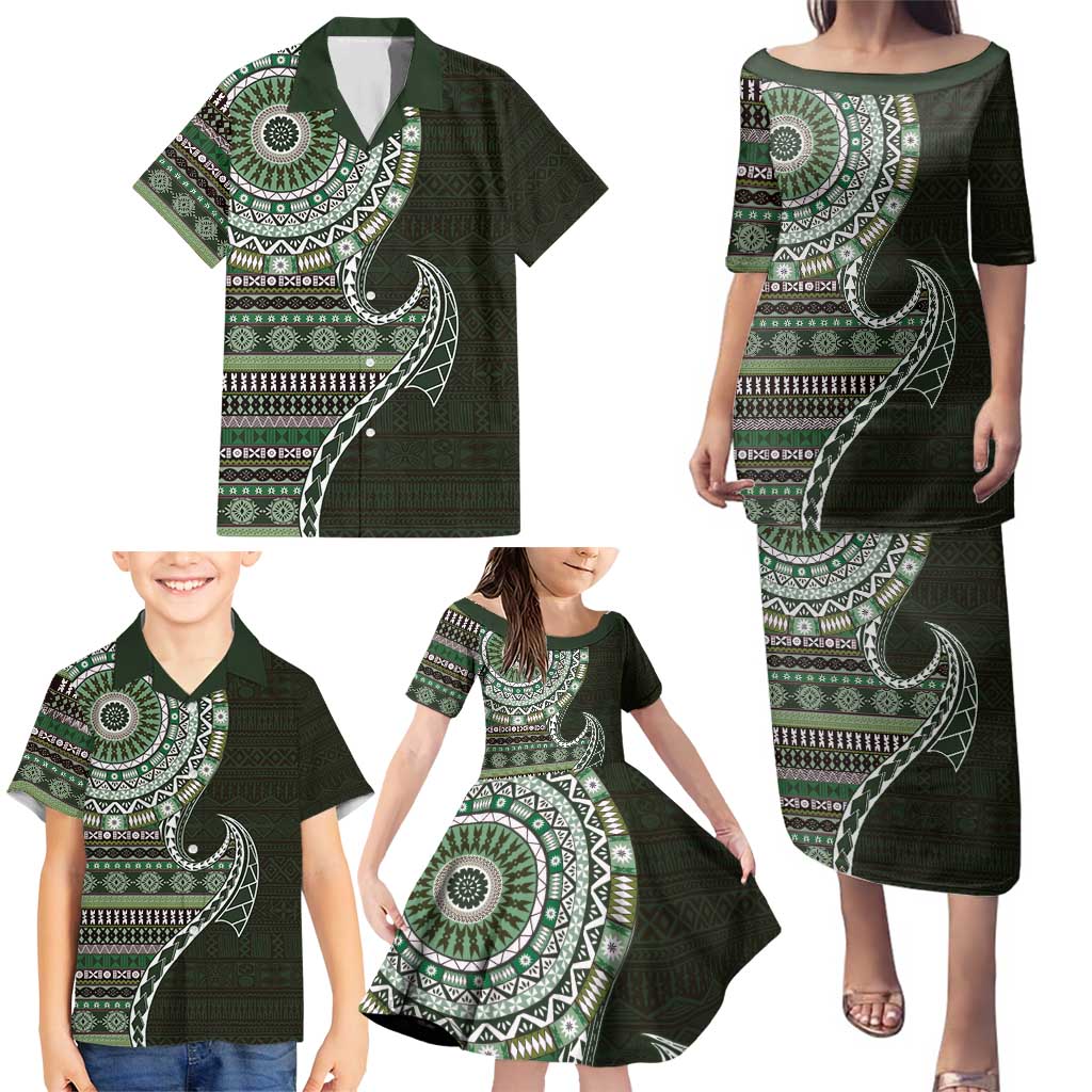 Fijian Masi Tribal Tattoos Art Pattern Family Matching Puletasi and Hawaiian Shirt Green Color Half Style - Polynesian Pride