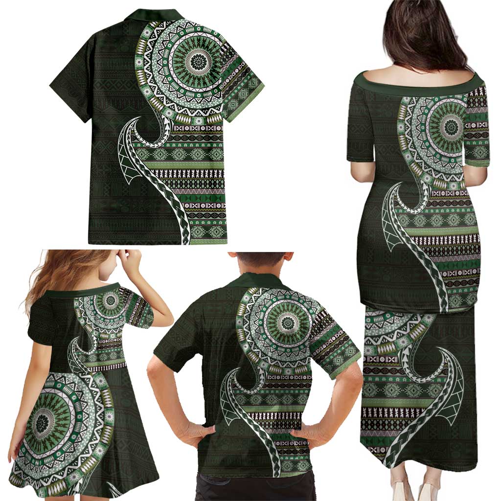 Fijian Masi Tribal Tattoos Art Pattern Family Matching Puletasi and Hawaiian Shirt Green Color Half Style - Polynesian Pride