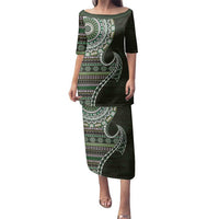 Fijian Masi Tribal Tattoos Art Pattern Family Matching Puletasi and Hawaiian Shirt Green Color Half Style - Polynesian Pride