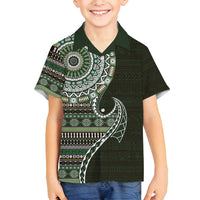 Fijian Masi Tribal Tattoos Art Pattern Family Matching Puletasi and Hawaiian Shirt Green Color Half Style - Polynesian Pride