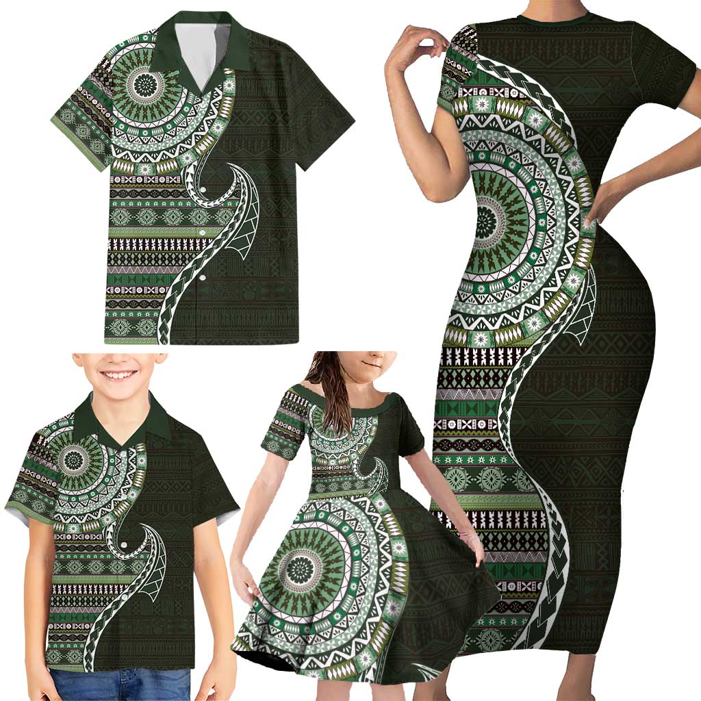 Fijian Masi Tribal Tattoos Art Pattern Family Matching Short Sleeve Bodycon Dress and Hawaiian Shirt Green Color Half Style - Polynesian Pride