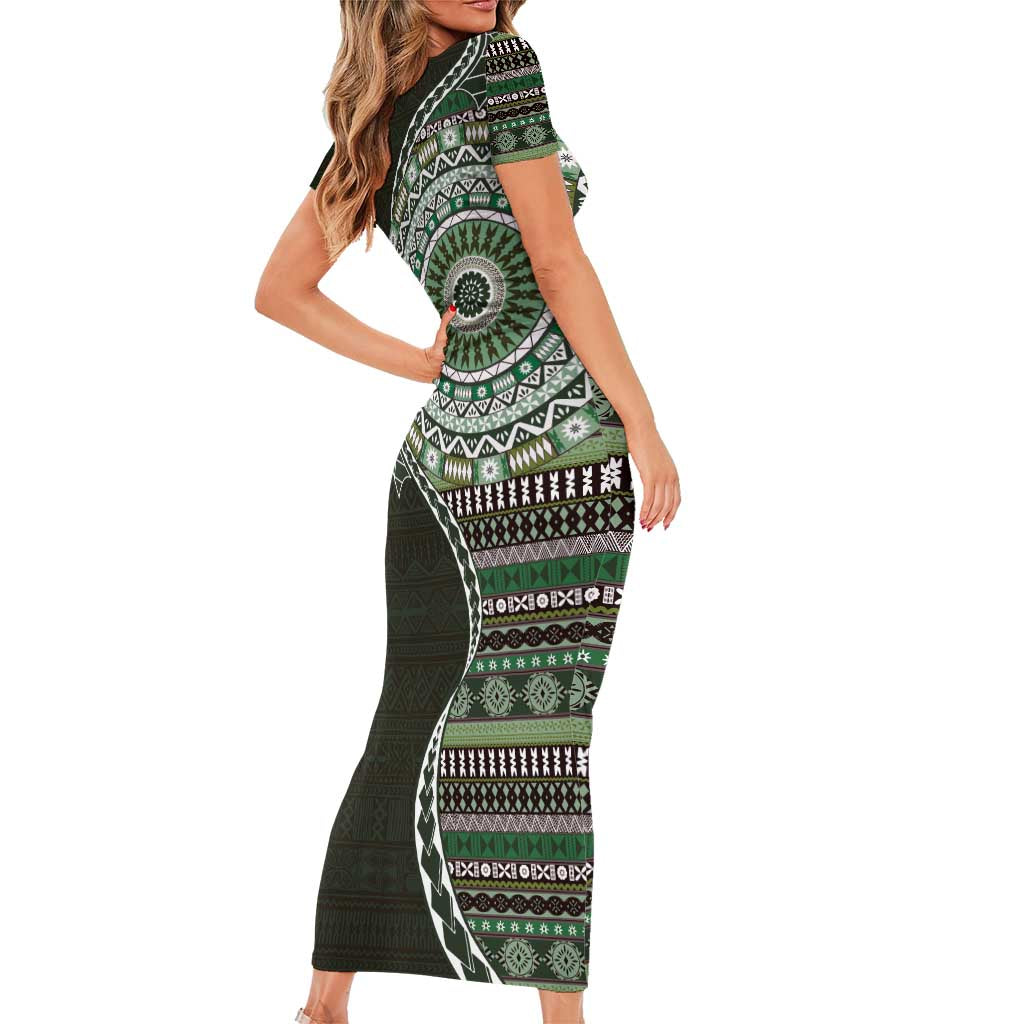 Fijian Masi Tribal Tattoos Art Pattern Family Matching Short Sleeve Bodycon Dress and Hawaiian Shirt Green Color Half Style - Polynesian Pride