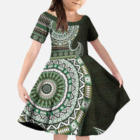 Fijian Masi Tribal Tattoos Art Pattern Family Matching Summer Maxi Dress and Hawaiian Shirt Green Color Half Style - Polynesian Pride
