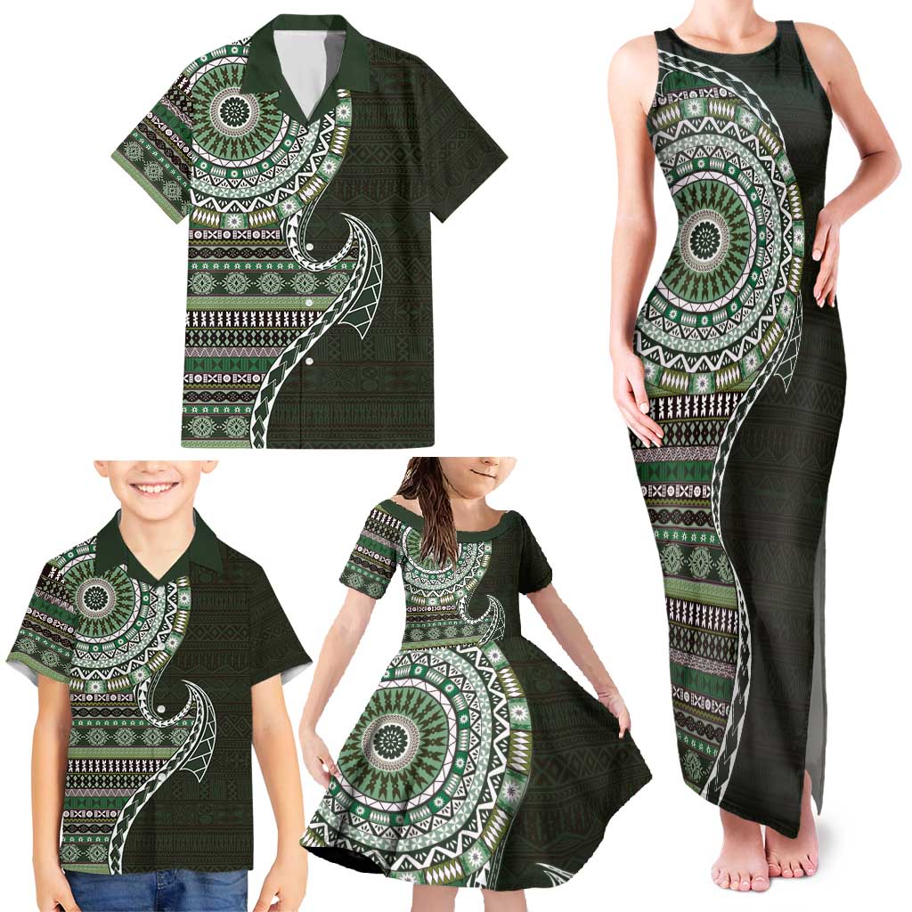 Fijian Masi Tribal Tattoos Art Pattern Family Matching Tank Maxi Dress and Hawaiian Shirt Green Color Half Style - Polynesian Pride