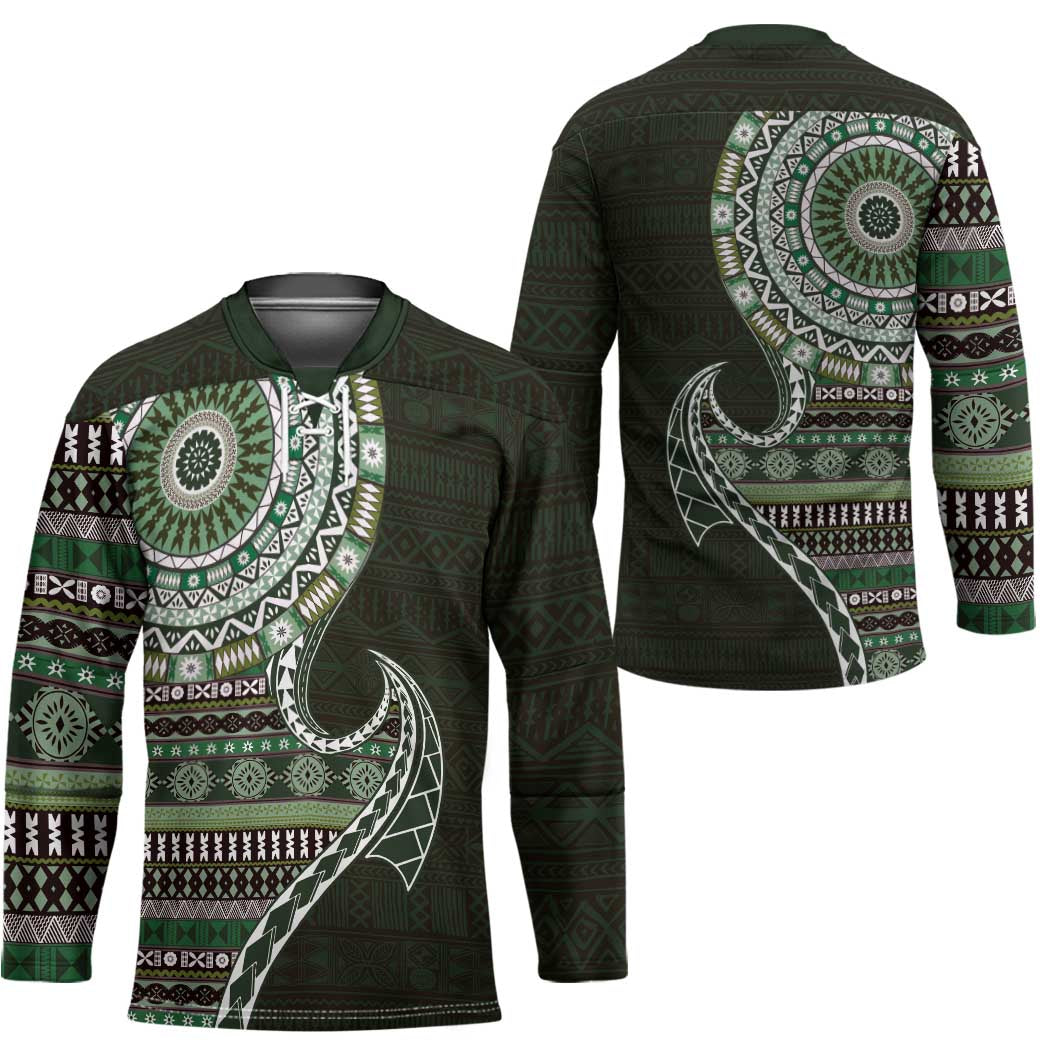Fijian Masi Tribal Tattoos Art Pattern Hockey Jersey Green Color Half Style - Polynesian Pride
