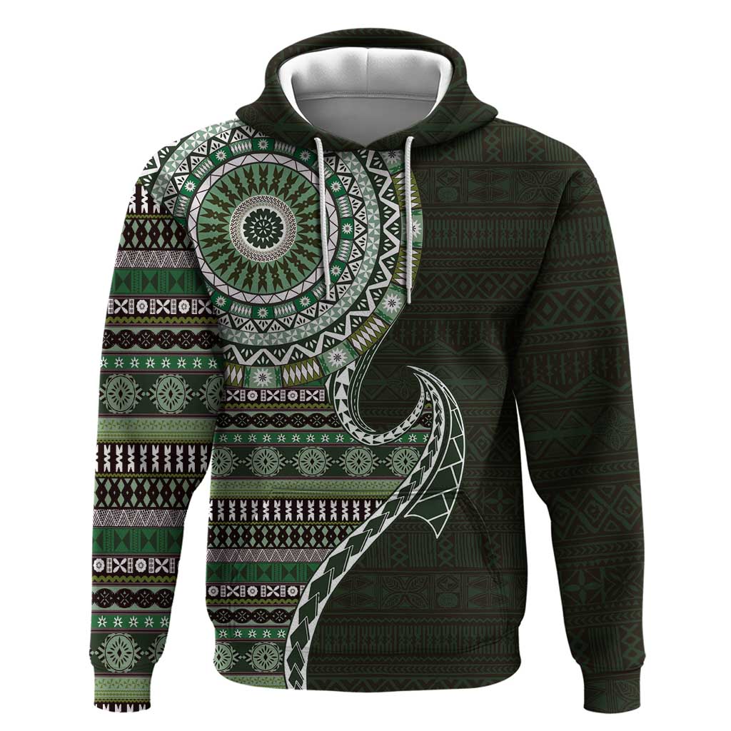 Fijian Masi Tribal Tattoos Art Pattern Hoodie Green Color Half Style - Polynesian Pride