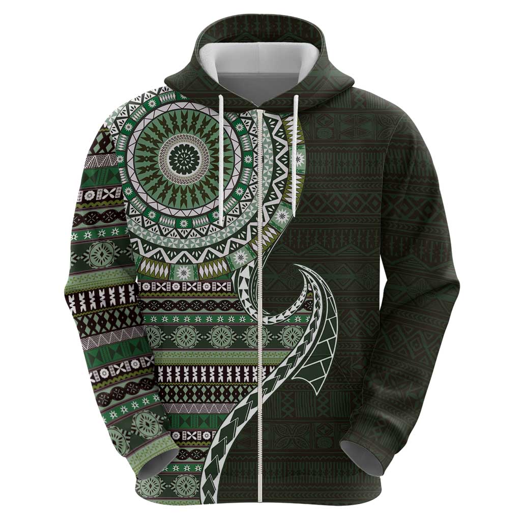 Fijian Masi Tribal Tattoos Art Pattern Hoodie Green Color Half Style - Polynesian Pride