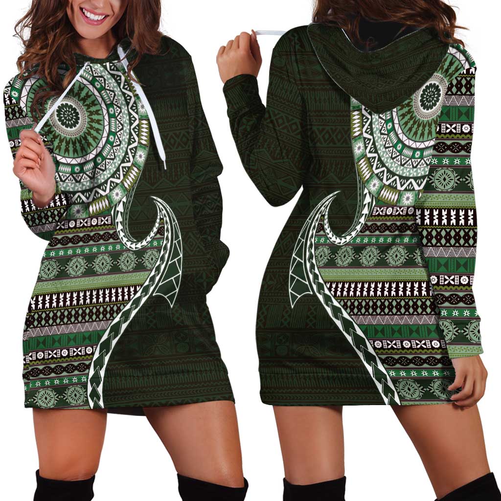 Fijian Masi Tribal Tattoos Art Pattern Hoodie Dress Green Color Half Style - Polynesian Pride