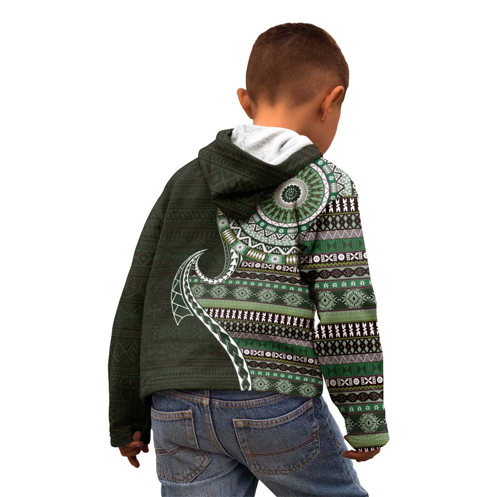 Fijian Masi Tribal Tattoos Art Pattern Kid Hoodie Green Color Half Style - Polynesian Pride