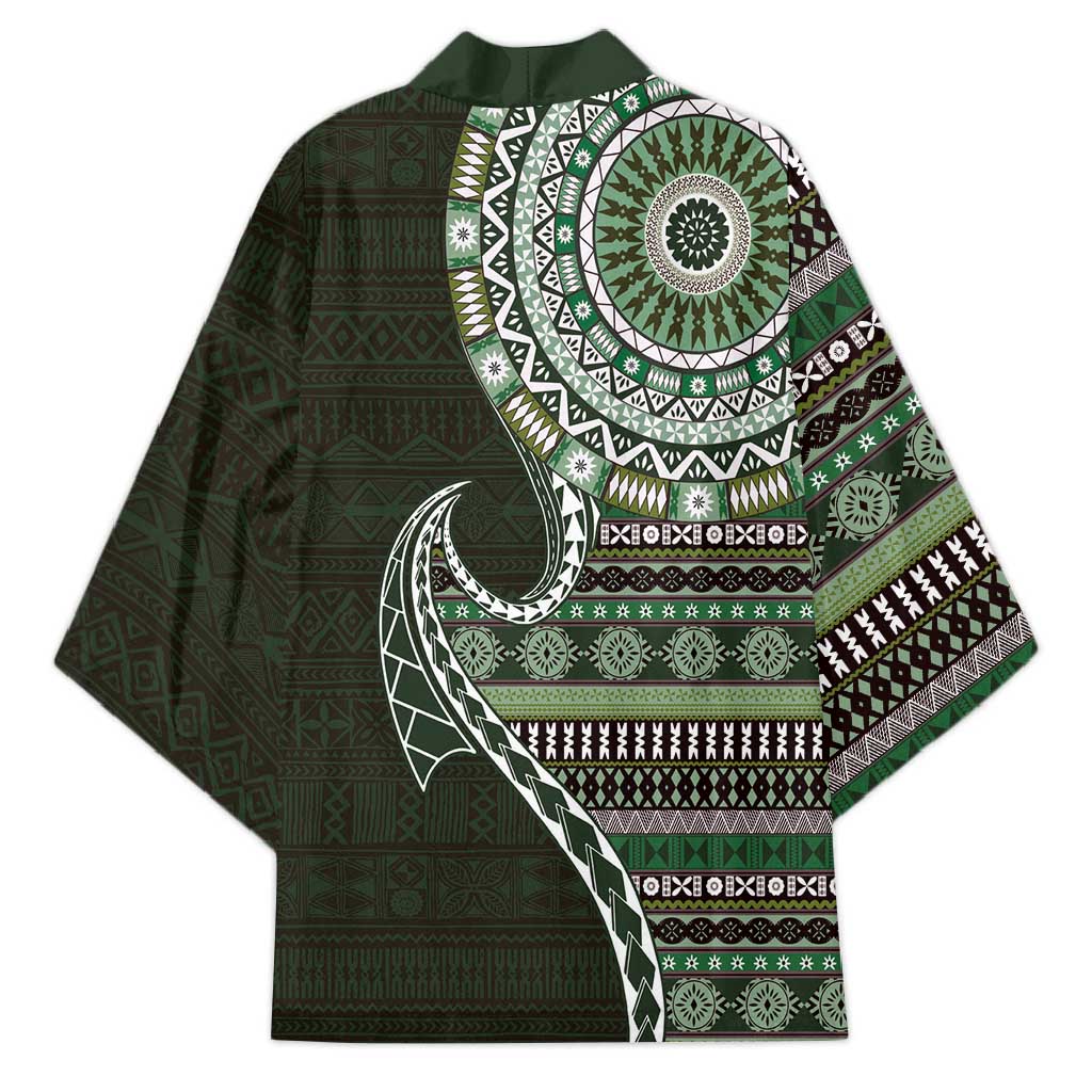 Fijian Masi Tribal Tattoos Art Pattern Kimono Green Color Half Style - Polynesian Pride