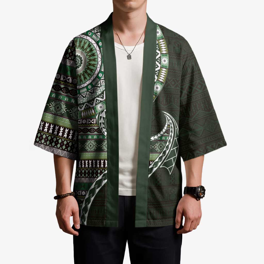 Fijian Masi Tribal Tattoos Art Pattern Kimono Green Color Half Style - Polynesian Pride