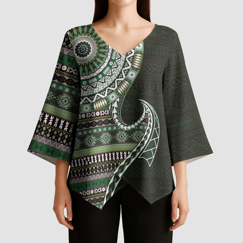 Fijian Masi Tribal Tattoos Art Pattern Kimono Sleeve Blouse Green Color Half Style - Polynesian Pride