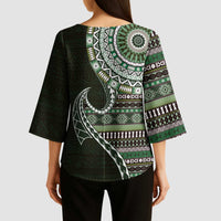 Fijian Masi Tribal Tattoos Art Pattern Kimono Sleeve Blouse Green Color Half Style - Polynesian Pride