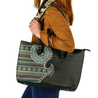 Fijian Masi Tribal Tattoos Art Pattern Leather Tote Bag Green Color Half Style - Polynesian Pride