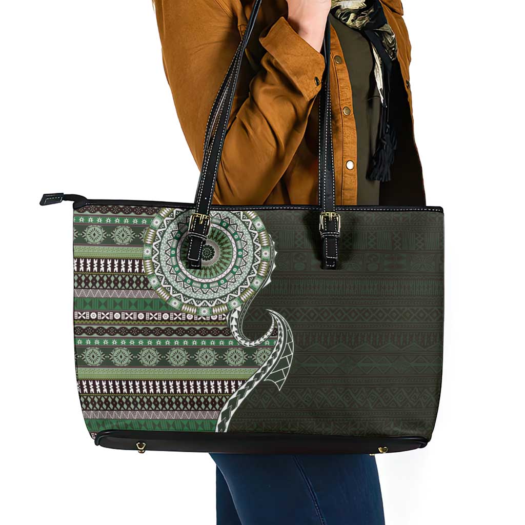 Fijian Masi Tribal Tattoos Art Pattern Leather Tote Bag Green Color Half Style - Polynesian Pride