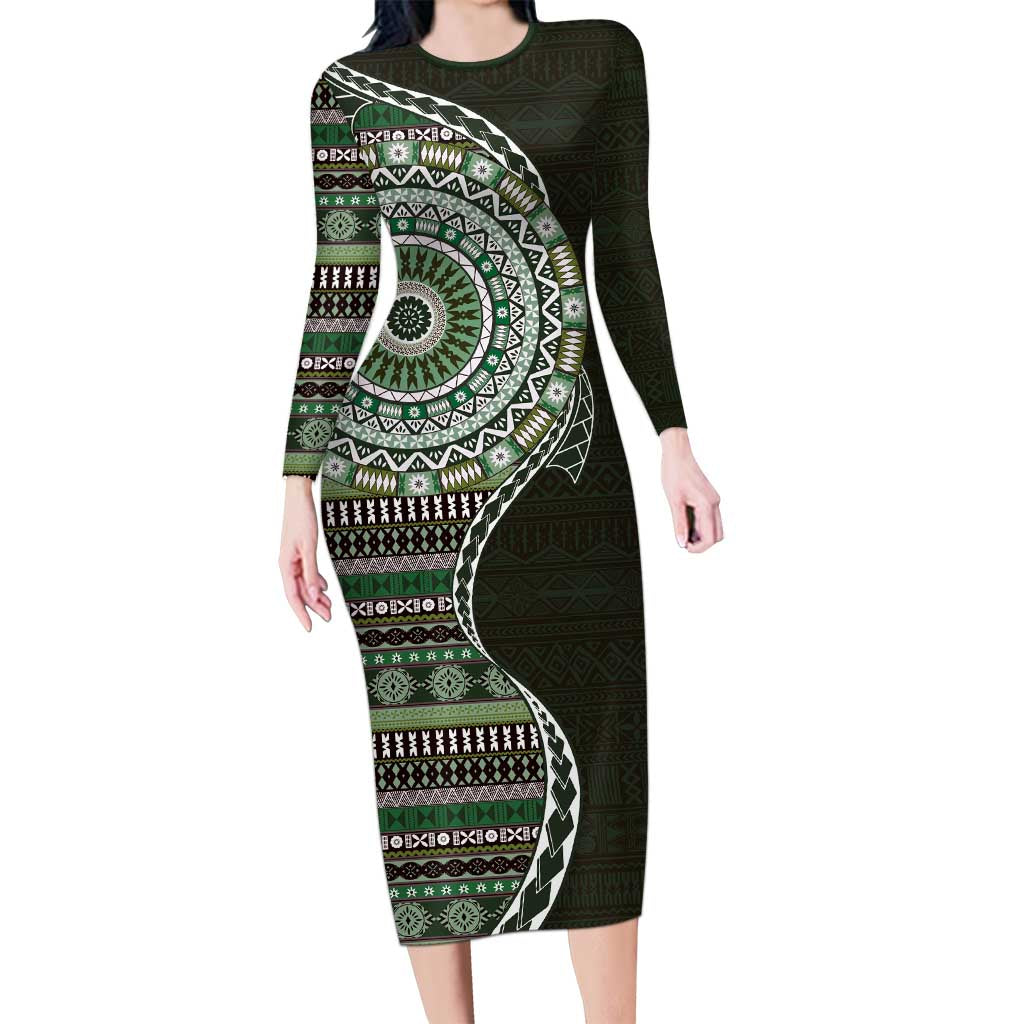 Fijian Masi Tribal Tattoos Art Pattern Long Sleeve Bodycon Dress Green Color Half Style - Polynesian Pride