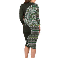 Fijian Masi Tribal Tattoos Art Pattern Long Sleeve Bodycon Dress Green Color Half Style - Polynesian Pride
