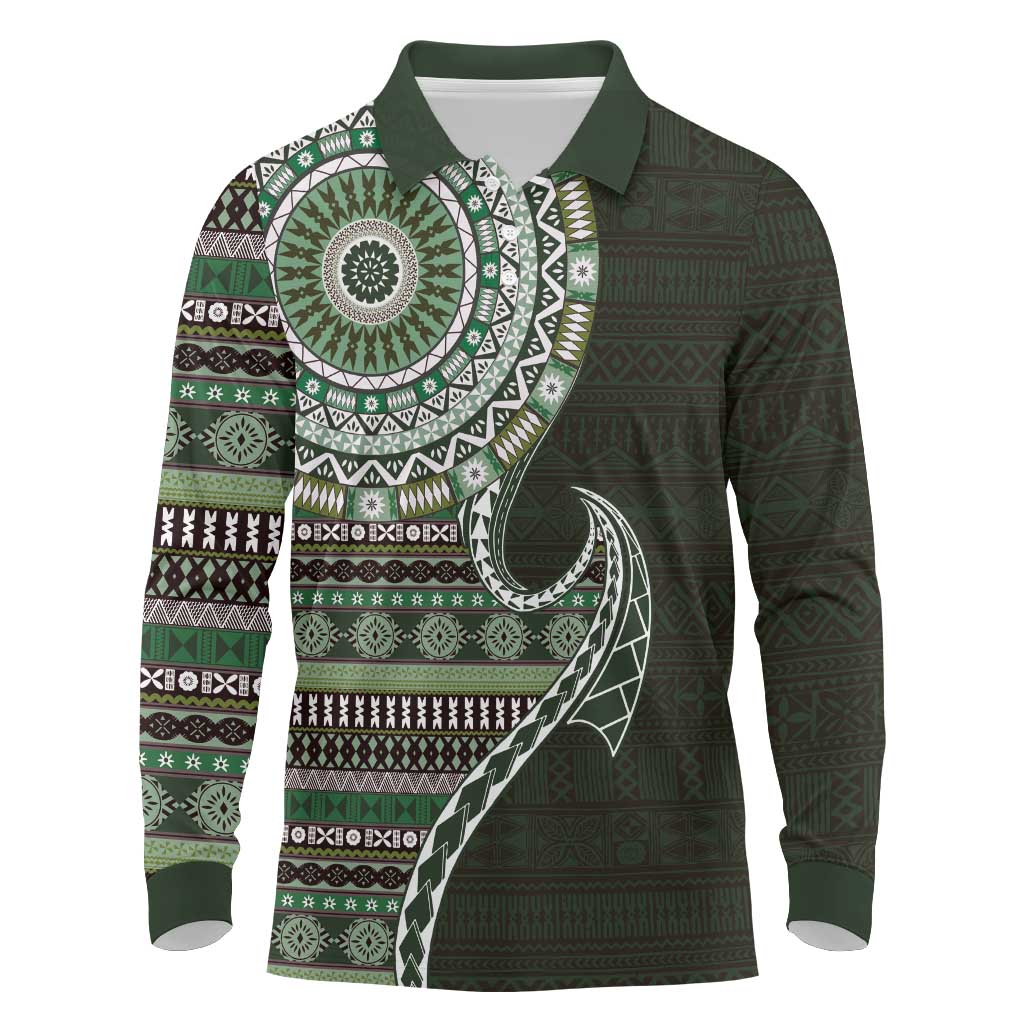 Fijian Masi Tribal Tattoos Art Pattern Long Sleeve Polo Shirt Green Color Half Style - Polynesian Pride