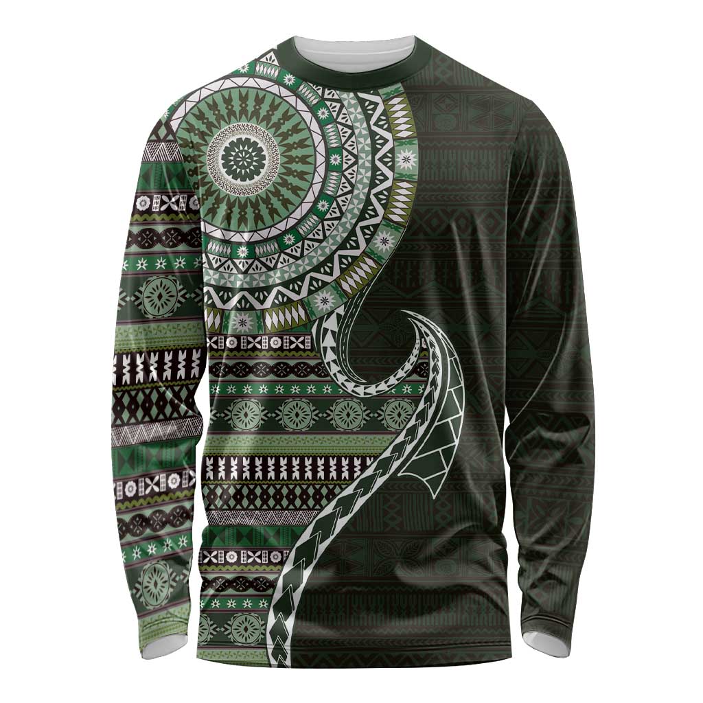 Fijian Masi Tribal Tattoos Art Pattern Long Sleeve Shirt Green Color Half Style - Polynesian Pride